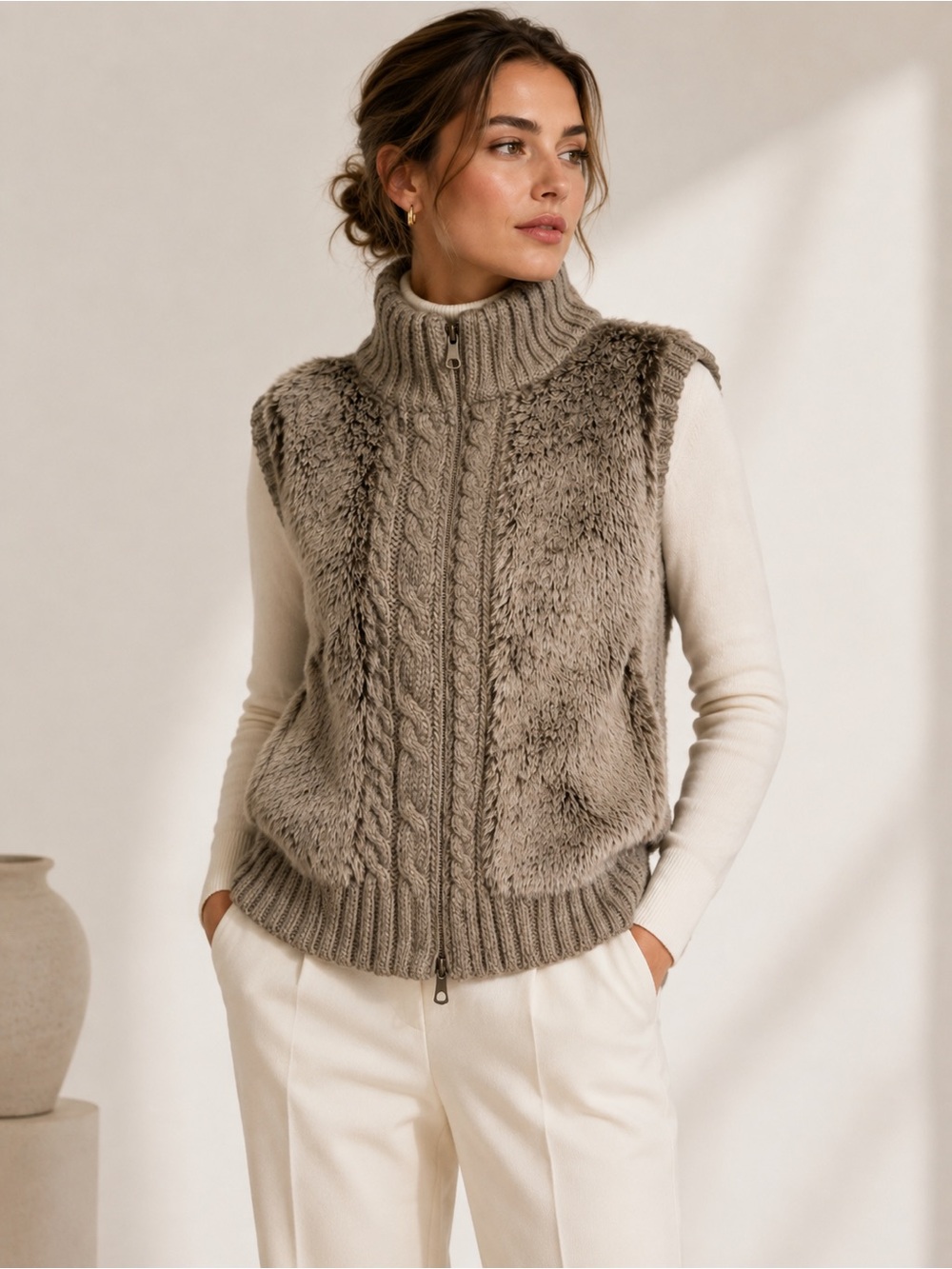 Fenn Wright Manson Cable Knit Faux Fur Vest XL Wool Alpaca
